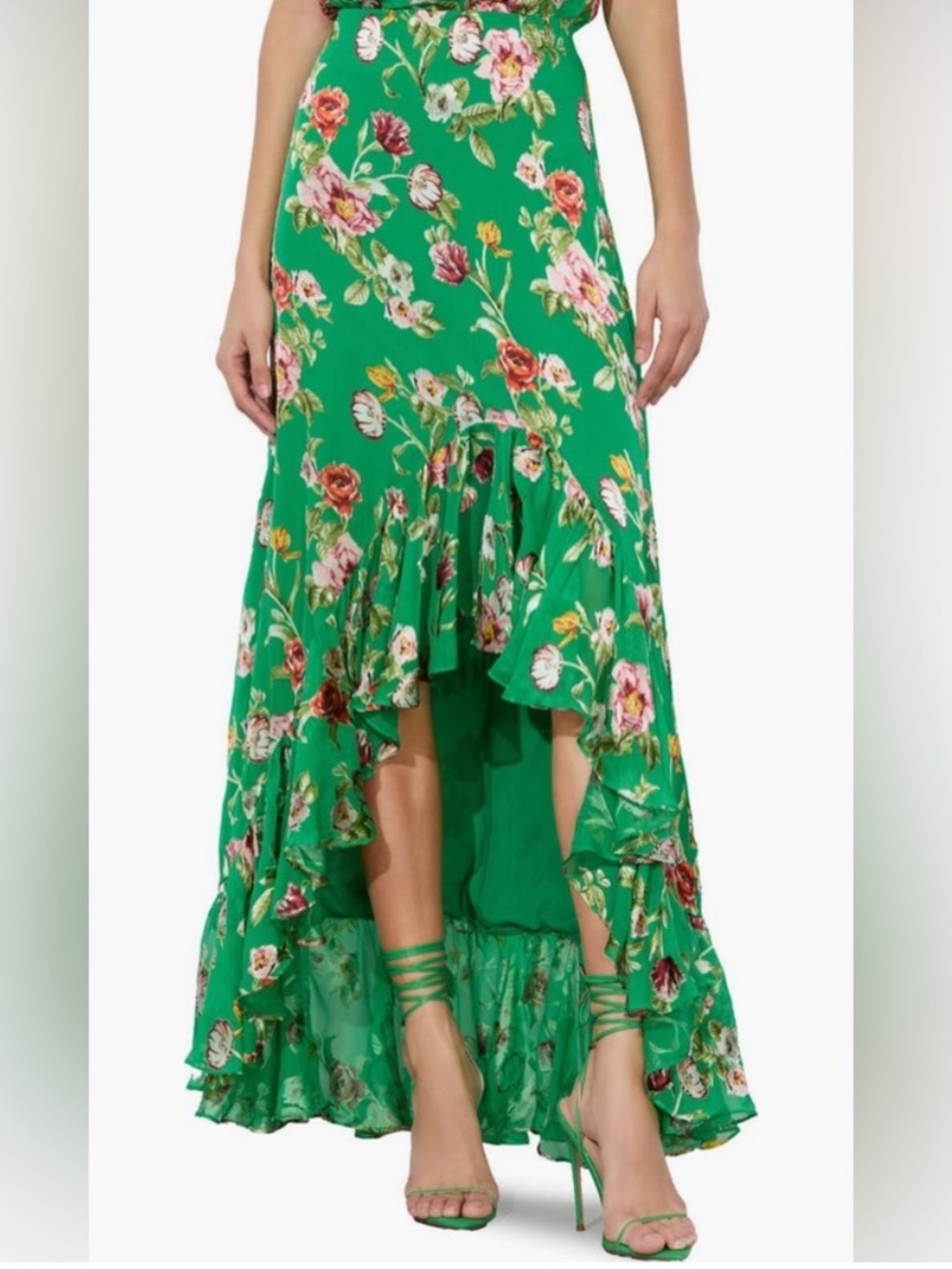 Alice + Olivia Soraya Faux Wrap Green Floral High-Low Ruffle Maxi Skirt NWT